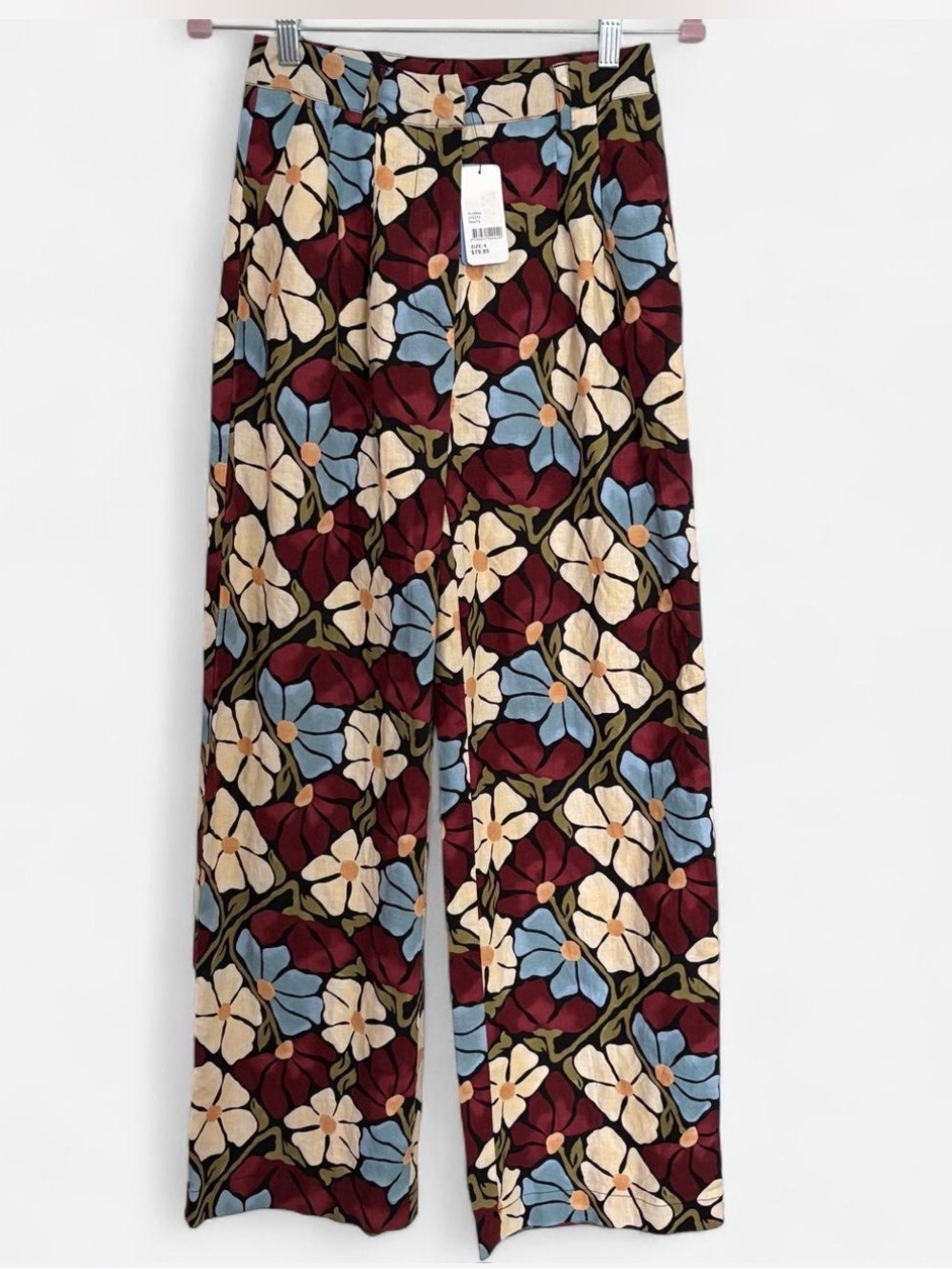 Sportsgirl Wide Leg Floral Pants in Burgundy, Blue & Cream